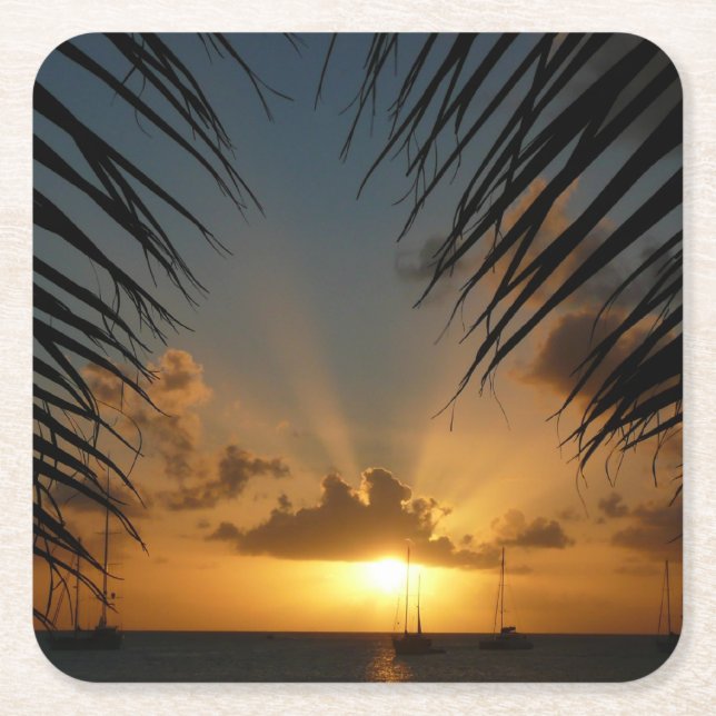 Sunset Through Palm Fronds Tropical Seascape Square Paper Coaster (Front)