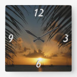 Sunset Through Palm Fronds Tropical Seascape Square Wall Clock