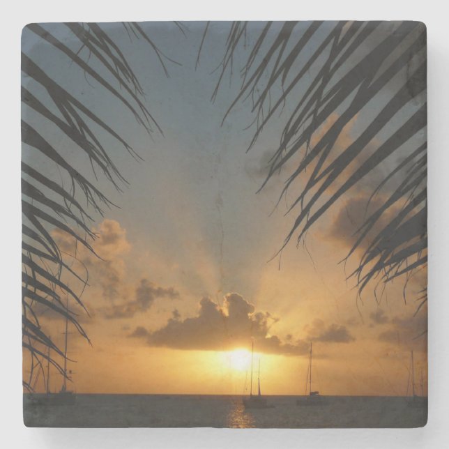 Sunset Through Palm Fronds Tropical Seascape Stone Coaster (Front)