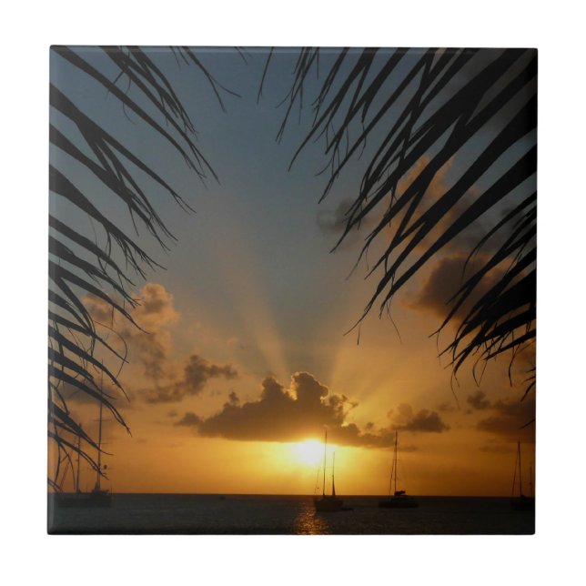 Sunset Through Palm Fronds Tropical Seascape Tile (Front)