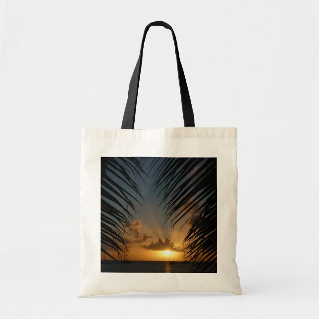 Sunset Through Palm Fronds Tropical Seascape Tote Bag (Front)