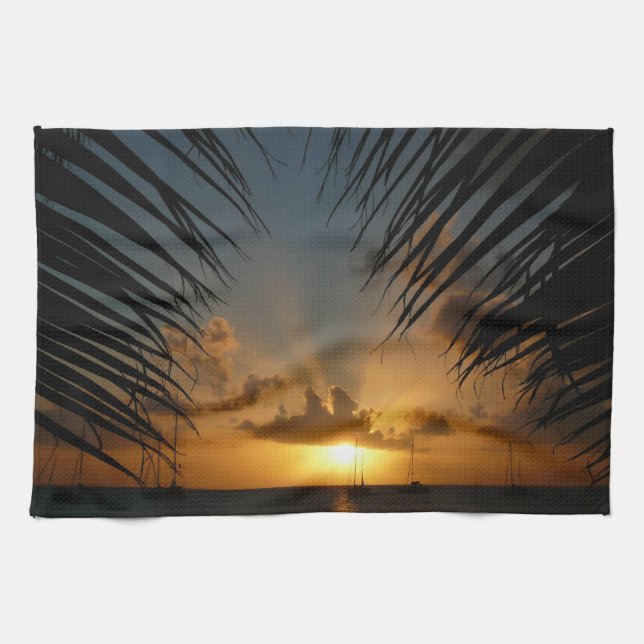 Sunset Through Palm Fronds Tropical Seascape Towel (Horizontal)