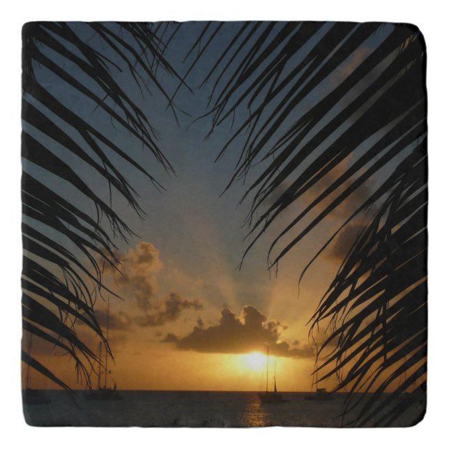 Sunset Through Palm Fronds Tropical Seascape Trivet (Front)