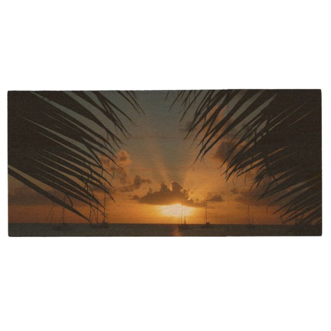 Sunset Through Palm Fronds Tropical Seascape Wood Flash Drive (Front)