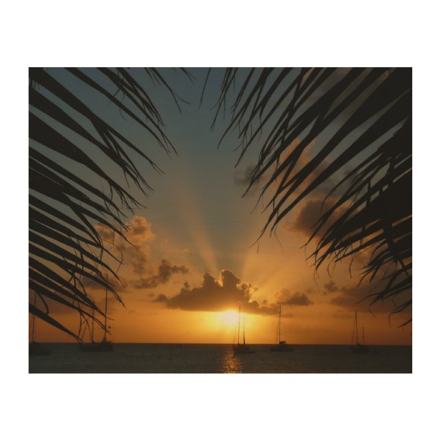 Sunset Through Palm Fronds Tropical Seascape Wood Wall Art (Front)