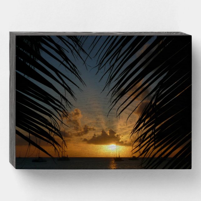 Sunset Through Palm Fronds Tropical Seascape Wooden Box Sign (Front Horizontal)