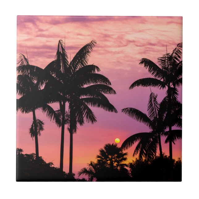 Sunset through Palm Trees Ceramic Tile (Front)