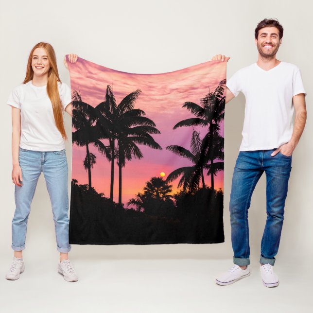 Sunset through Palm Trees Fleece Blanket (In Situ)