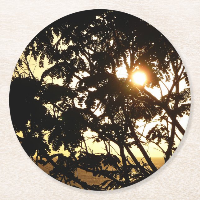 Sunset Through Trees I Tropical Photography Round Paper Coaster (Front)