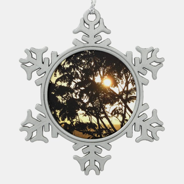 Sunset Through Trees I Tropical Photography Snowflake Pewter Christmas Ornament (Front)