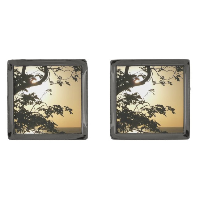Sunset Through Trees II Tropical Photography Gunmetal Finish Cufflinks (Front)