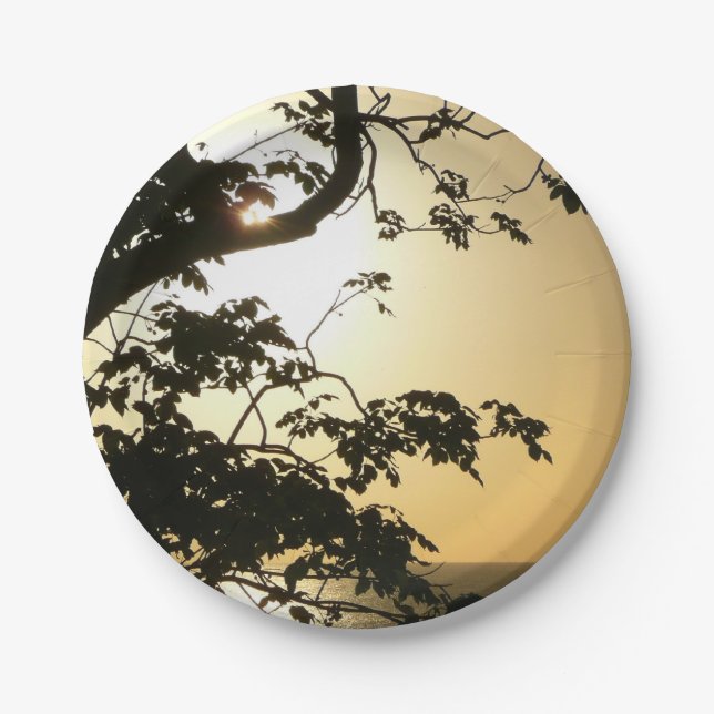Sunset Through Trees II Tropical Photography Paper Plates (Front)