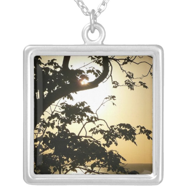 Sunset Through Trees II Tropical Photography Silver Plated Necklace (Front)