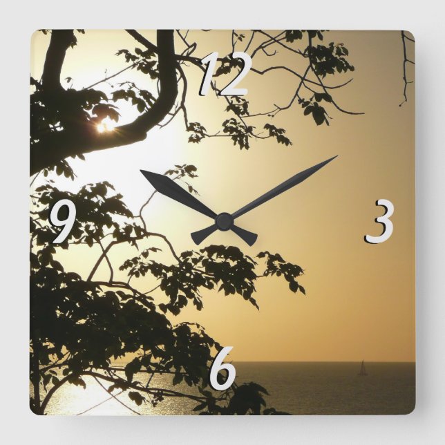 Sunset Through Trees II Tropical Photography Square Wall Clock (Front)