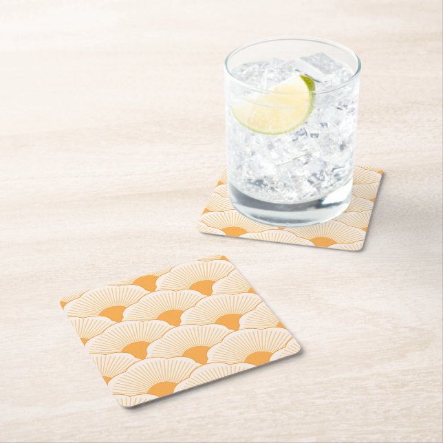 Sunset, tonal orange, concrete texture square paper coaster (Insitu)