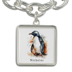 Sunset Tones Watercolor Penguin, custom Bracelet
