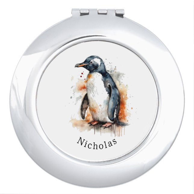 Sunset Tones Watercolor Penguin, custom Compact Mirror (Front)