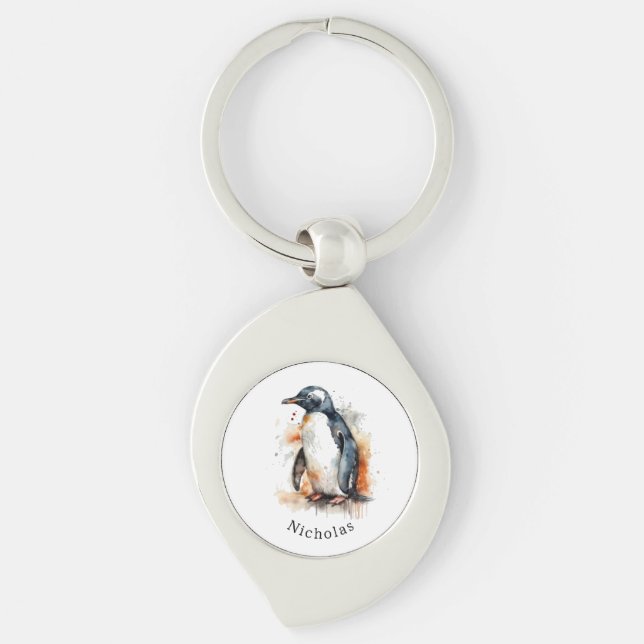 Sunset Tones Watercolor Penguin, custom Keychain (Front)