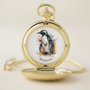 Sunset Tones Watercolor Penguin, custom Pocket Watch