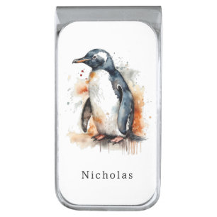 Sunset Tones Watercolor Penguin, custom Silver Finish Money Clip