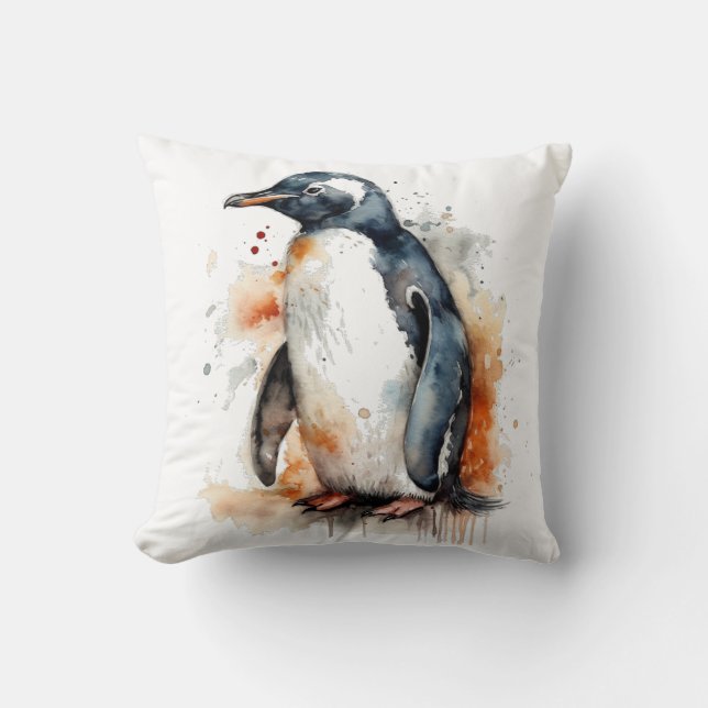Sunset Tones Watercolor Penguin Throw Pillow (Front)