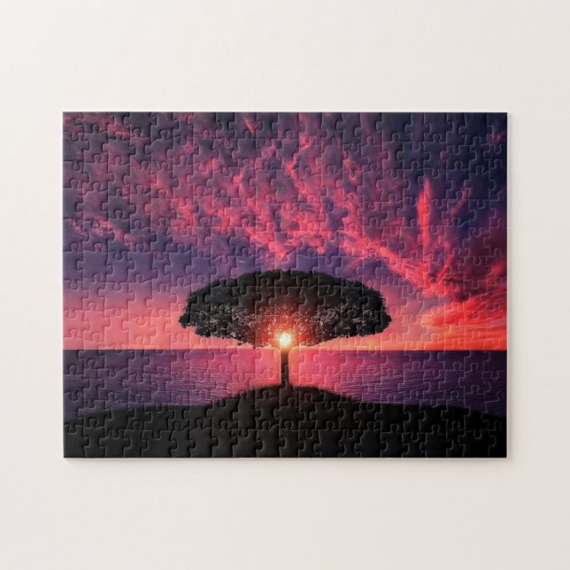 Sunset Tree Jigsaw Puzzle Red Clouds Sky (Horizontal)