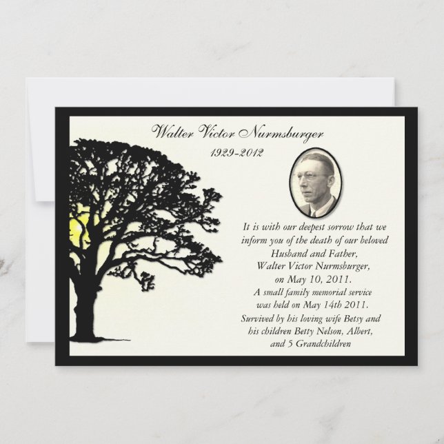Sunset Tree Photo Death Announcement Card (Front)
