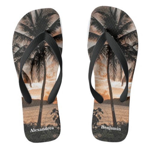 Sunset Tropical Beach Palm Trees Personalize  Flip Flops