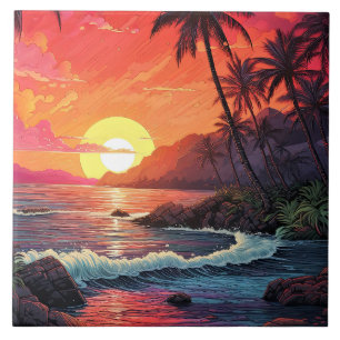 Sunset Tropical Beach Paradise Island Ceramic Tile