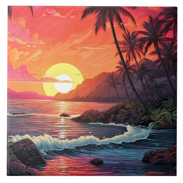 Sunset Tropical Beach Paradise Island  Ceramic Tile (Front)