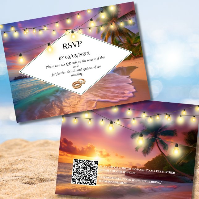 Sunset Tropical Beach QR Code RSVP Wedding  Note Card (Creator Uploaded)