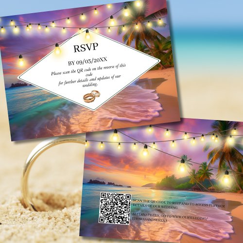 Sunset Tropical Beach QR Code RSVP Wedding  Note Card
