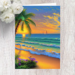 Sunset Tropical Birthday Card<br><div class="desc">Tropical birthday card with a beautiful sunset,  palm trees,  and ocean waves. Personalize with your own saying if you would like.</div>