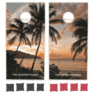 Sunset Tropical Palms Island Beach Ocean Family Cornhole Set