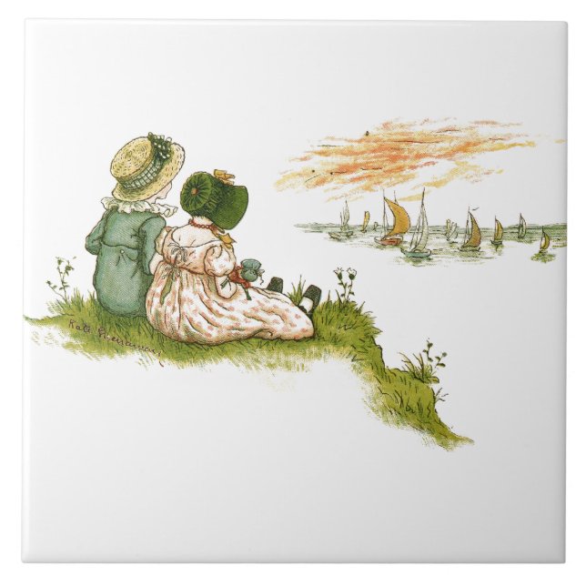 Sunset Two Girls Boats Kate Greenaway   Ceramic Tile (Front)
