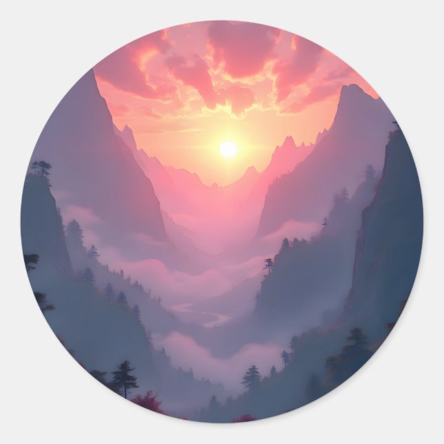 Sunset Valley – Golden Sunset Landscape Classic Round Sticker (Front)