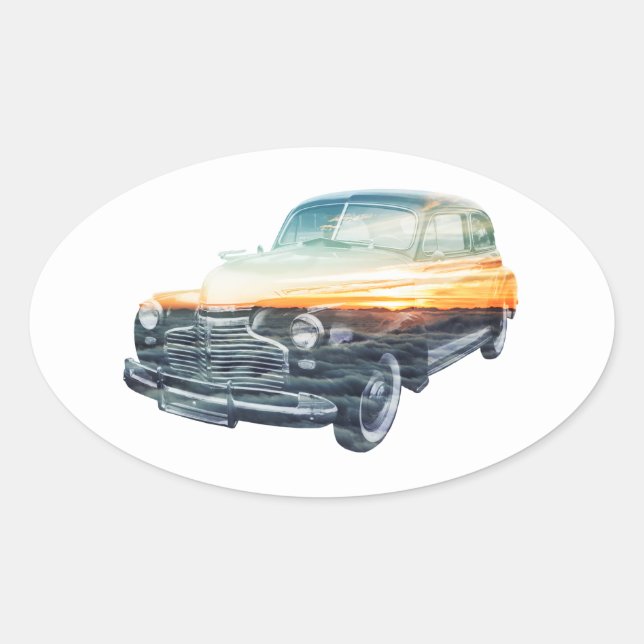 sunset vehicle double exposure oval sticker (Front)