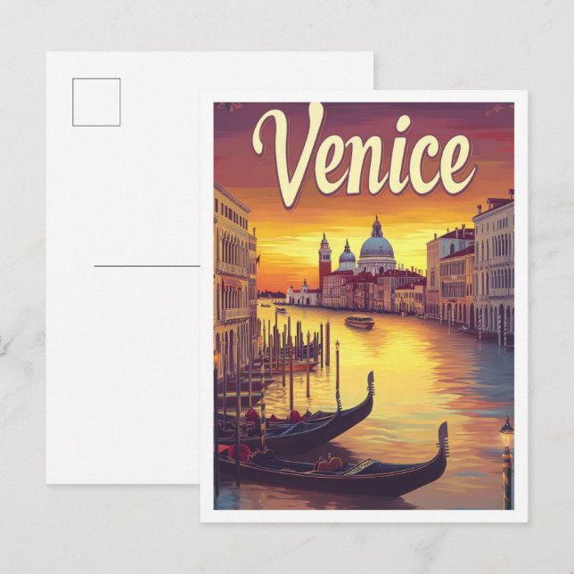 Sunset Venice Italy Vintage Travel Illustration Postcard (Front/Back)