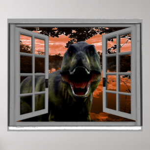 Sunset View Faux Window T-Rex Dinosaur Poster