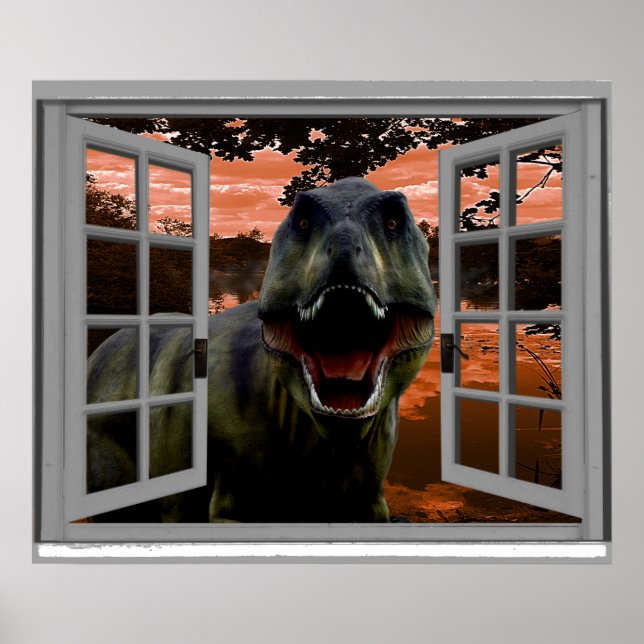 Sunset View Faux Window T-Rex Dinosaur Poster (Front)