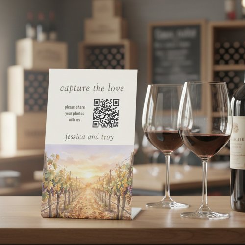Sunset Vineyard QR Code Capture the Love Wedding Pedestal Sign