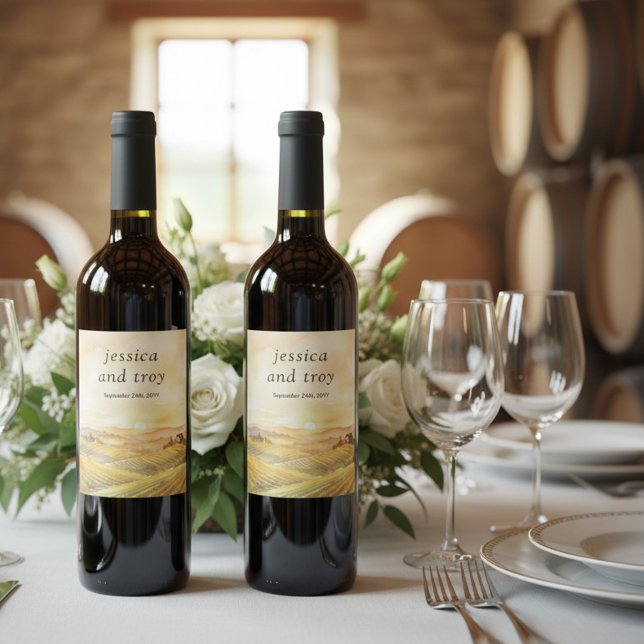 Sunset Vineyard Watercolor Country Landscape Wine Label (Wine bottle labels from the Sunset Vineyard wedding collection by Darling & May)