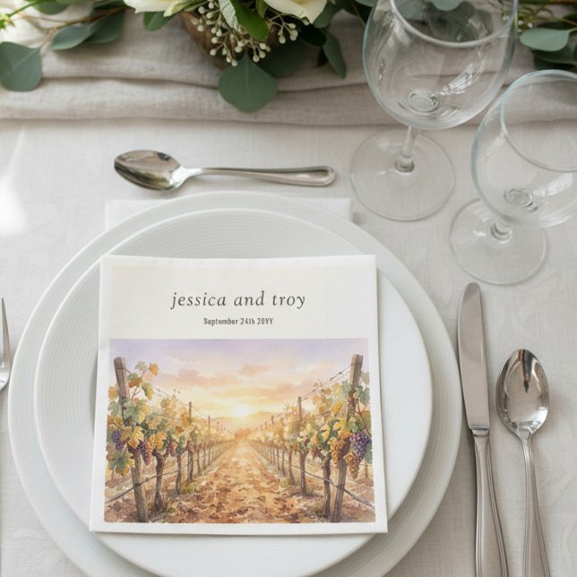 Sunset Vineyard Watercolor Grapes Wedding Napkins (Wedding Napkins from the Sunset Vineyard wedding collection by Darling & May)