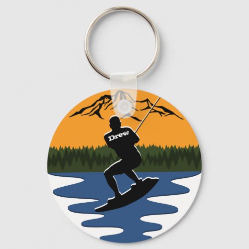 Sunset Wake board Water Skiing Sport Name Keychain