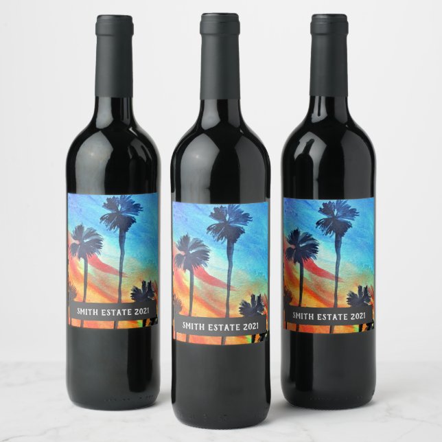 sunset watercolor art wine label (Bottles)