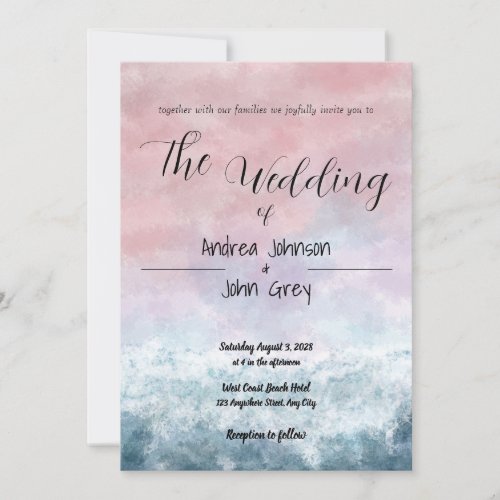 Sunset Watercolor Ocean Blue Wedding Invitation