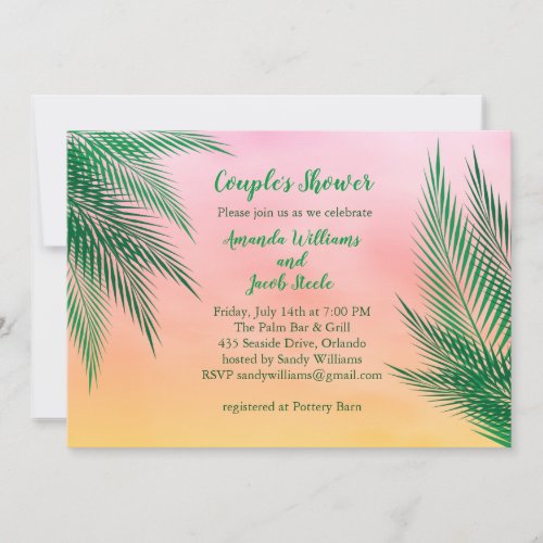 Sunset Watercolor Palm Leaves Couples Shower Invitation