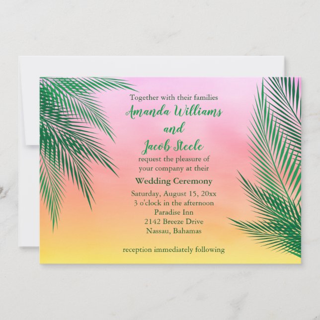 Sunset Watercolor Palm Leaves Wedding Invitation (Front)
