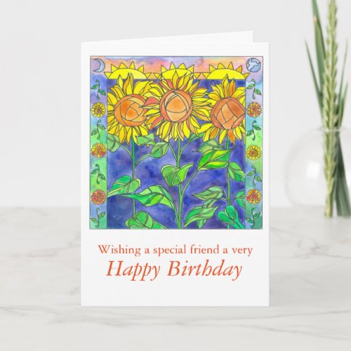 Sunset Watercolor Sunflowers Happy Birthday Friend Card