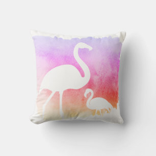 Sunset Watercolor White Flamingos Throw Pillow